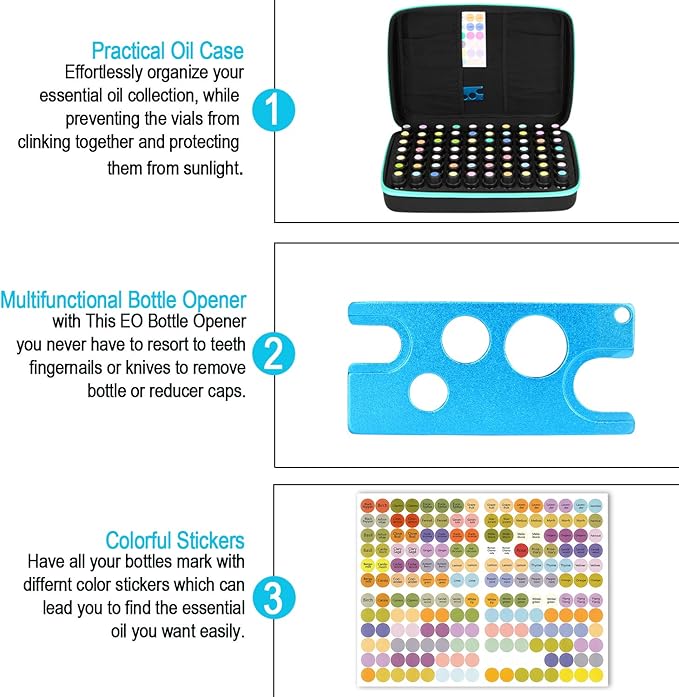 FITNATE Essential Oils Storage Case for 5ml, 10ml, 15ml Oils - Travel Case with Labels & Bottle Opener (70 Bottles, Blue)