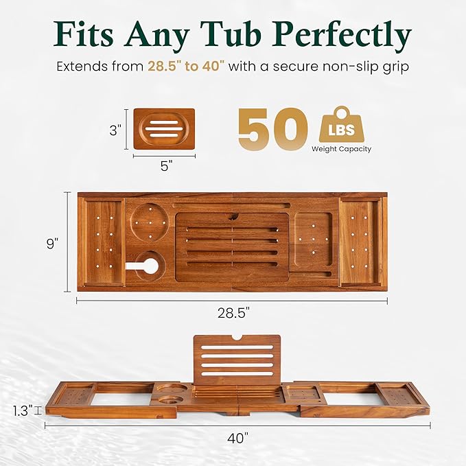 Teak Bathtub Tray, Bath Caddy with Wine Glass Holder, Phone Dock & Book Stand | Hands-Free Reading & Ultimate Spa Relaxation Experience-Natural