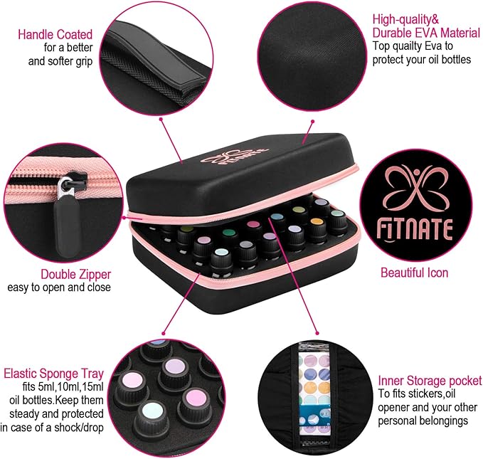 FITNATE Essential Oils Storage Case - 30 Bottle Capacity, Travel-Friendly with Bottle Opener & Young Living Labels (Pink)