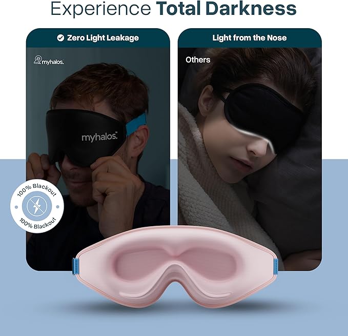MyHalos® Sleep Mask - Eye Masks for Sleep - 100% Blackout Sleeping Mask for Women, Men & Side Sleepers - 3D Sleeping Eye Mask for Zero Pressure - Award Winning Design, Eyelash Friendly & Breathable