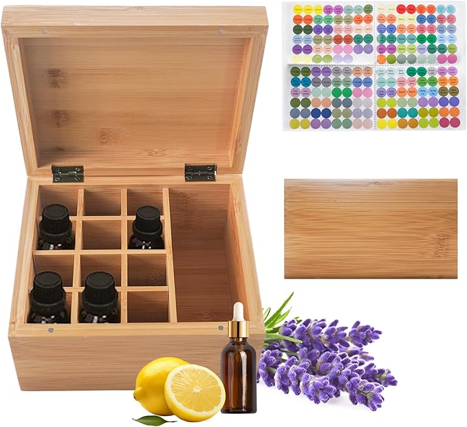 Pure Vie Wooden Essential Oil Storage Box Travel Organizer Case with Bottle Cap Label - Aromatherapy Nail Polish Fragrance Container, Holds 13 Bottle for 5-30ml - Keep Scented Oil Safe & Space Saver