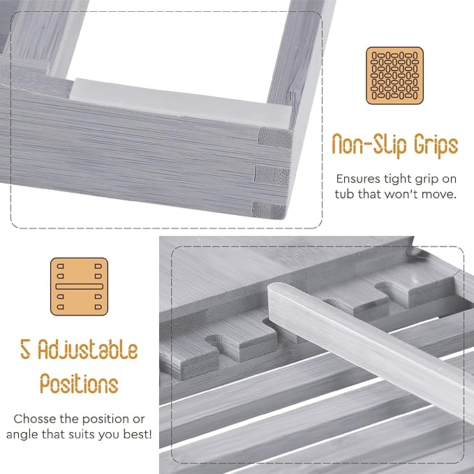 Bamboo Bathtub Caddy - Expandable Wood Tub Tray with Wine Holder, Book & Tablet Stand - Spa Accessories for Relaxation, Tub Shelf Table, Gift Idea for Her & Him (Gray)