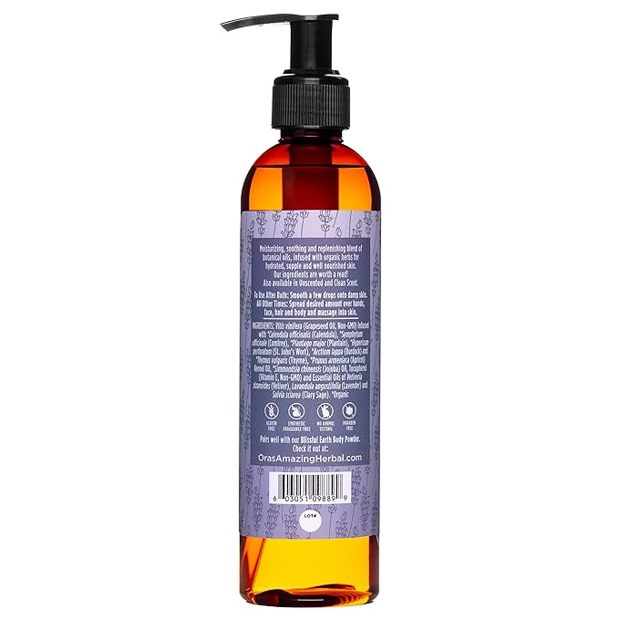 Ora's Amazing Herbal Lavender Bath Oil, Herbal Infused Moisturizing Shower and Body Oil for Women with Organic Jojoba Calendula Relaxation & Dry Skin, Blissful Earth Scent with Pump 7.5 oz