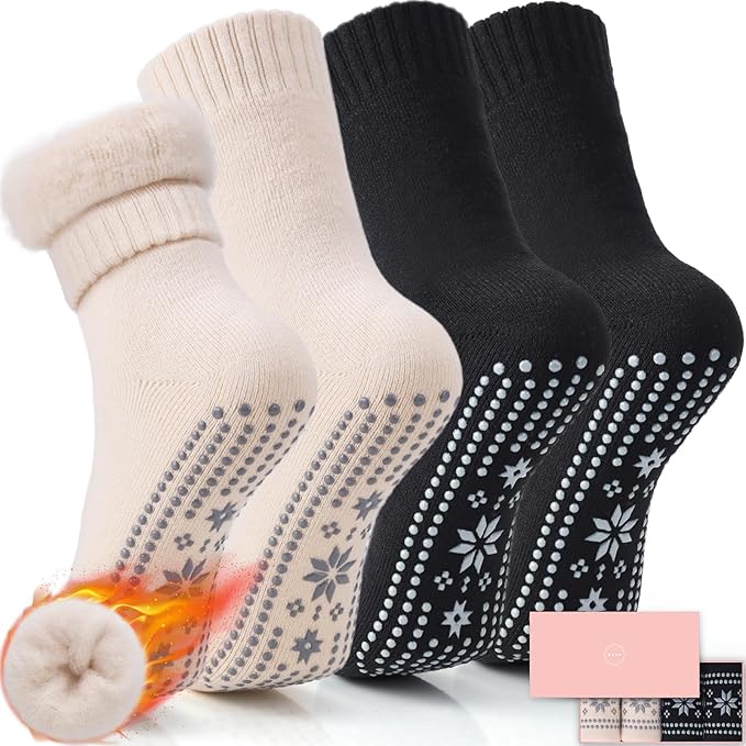 ICEIVY Thermal Slipper Socks, Thick Grip Hospital Plush Slipper Grip Socks Women Winter Soft Warm Cozy Socks 4 Pairs