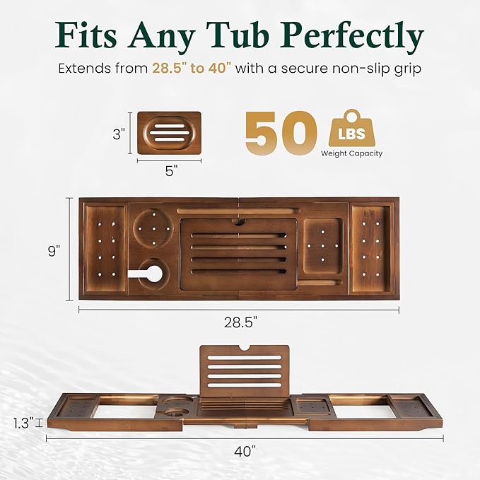Bamboo Bathtub Tray, Bath Caddy with Wine Glass Holder, Phone Dock & Book Stand | Hands-Free Reading & Ultimate Spa Relaxation Experience-Brown