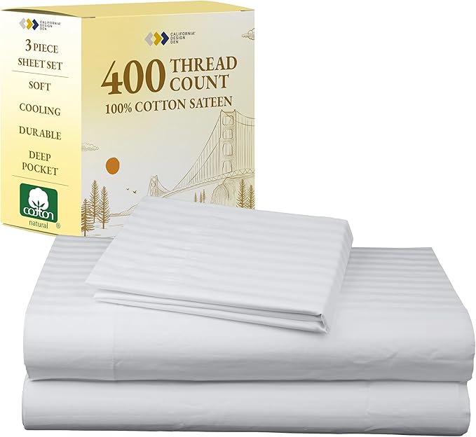 California Design Den Striped Twin XL Sheets Set - Soft 400 Thread Count Sateen, Natural 100% Cotton Sheets with Deep Pockets, and Durable Bedding Set - Striped White