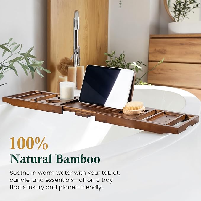 Bamboo Bathtub Tray, Bath Caddy with Wine Glass Holder, Phone Dock & Book Stand | Hands-Free Reading & Ultimate Spa Relaxation Experience-Brown