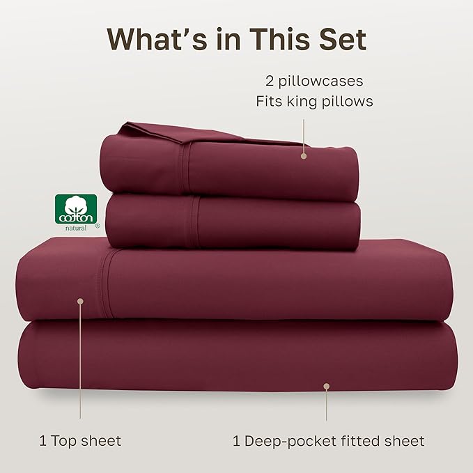 California Design Den King Size Sheets Set - Soft 400 Thread Count Sateen, Natural 100% Cotton Sheets with Deep Pockets, Breathable, and Durable Bedding Set - Burgundy Red