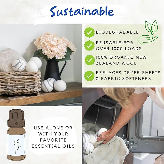 Organic Wool Dryer Balls Laundry Reusable (Set of 6) XL - 100% Pure New Zealand Wool - Natural Anti Static Fabric Softener Balls