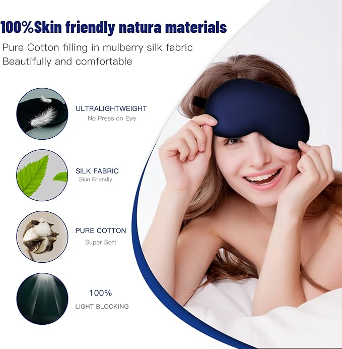 Silk Eye Mask with Adjustable Strap, Satin Blackout Sleeping Mask for Men&Women, Comfortable Blindfold Eyeshade for Night Sleep(Blue)