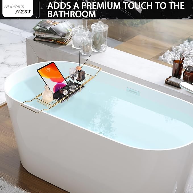Bathtub Tray Caddy for Luxury Bath Expandable Extra Wide Bath Tub Tray with Natural Marble Tray and Mobile/Tablet Stand, Ideal for Home Spa Lovers (Gold + Black)