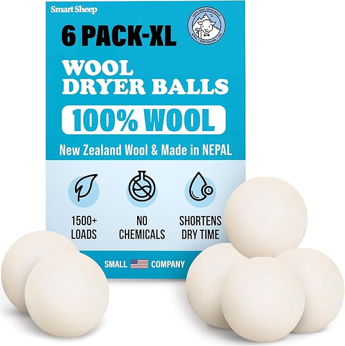 Smart Sheep Wool Dryer Balls - 6-Pack - XL Premium Natural Fabric Softener Award-Winning - Wool Balls Replaces Dryer Sheets - Wool Balls for Dryer - Laundry Balls for Dryer