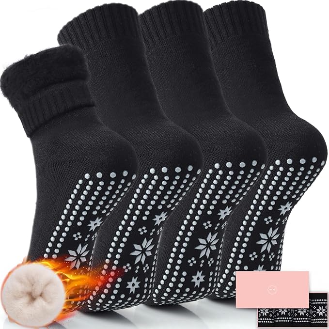 ICEIVY Thermal Slipper Socks, Thick Grip Hospital Plush Slipper Grip Socks Women Winter Soft Warm Cozy Socks 4 Pairs