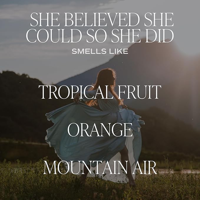 Sweet Water Decor, She Believed She Could So She Did, Tropical Fruit, Orange, Mountain Air, and Island Scented Soy Wax Candle for Home | 9oz Clear Jar, 40 Hour Burn Time, Made in The USA