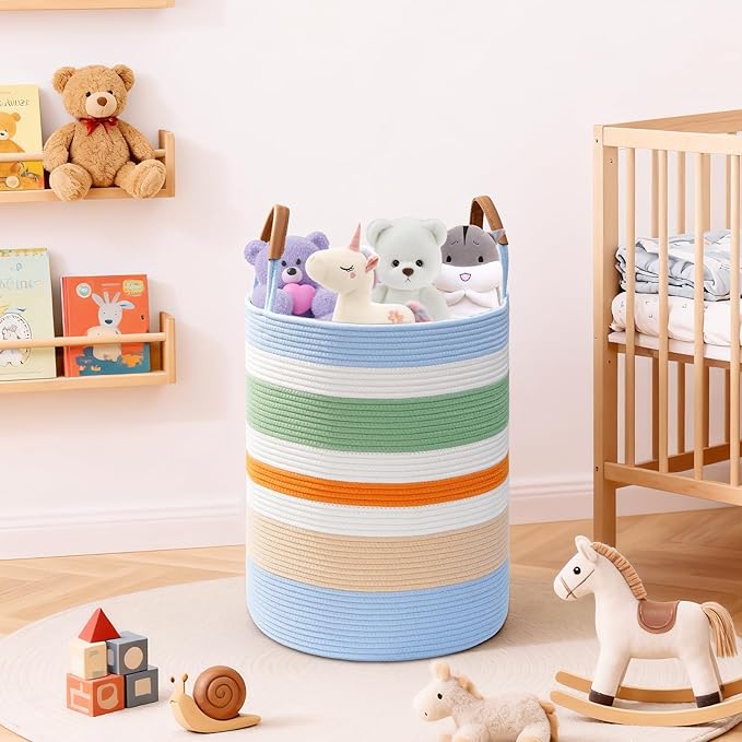 60L Striped Laundry Basket, Rainbow Laundry Hamper with Leather Handles, Woven Cotton Rope Storage Bin for Blankets, Nursery Hamper for Clothes, Toys In Bathroom, Livingroom, Bedroom