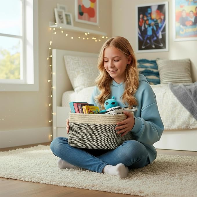 Small Cotton Rope Basket – Storage Bin for Organizing (10.6" x 6.7" x 6.7"), Bathroom Storage Basket for Shelf, Counter & Closet（Camel & Mixed Black）