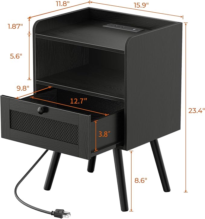 SUPERJARE Nightstands with Charging Station, Bedside Table Set of 2 with Texilene Surface Drawers, Rattan Side Table with Storage & Solid Wood Feet, End Table for Bedroom, All Black