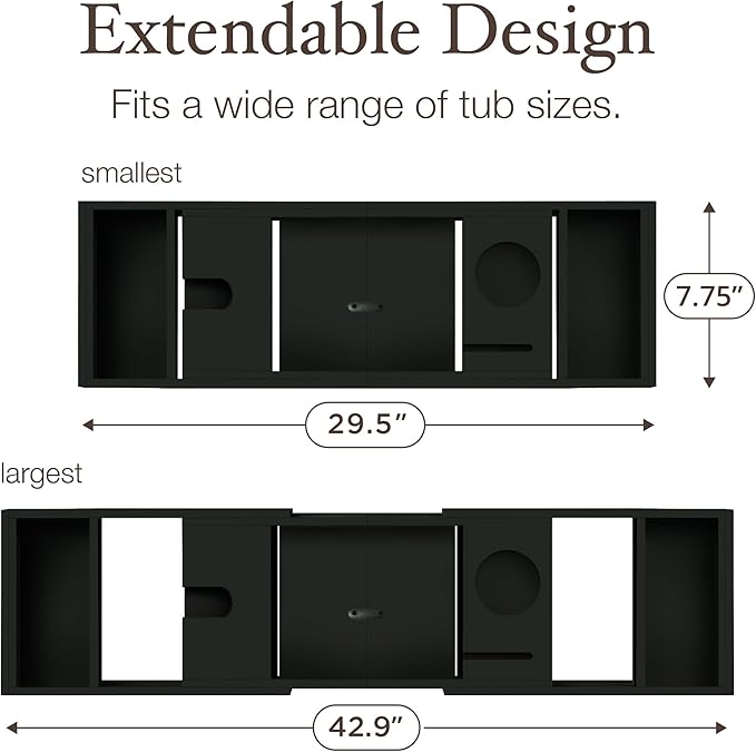 Wooden Bathtub Tray - Foldable & Expandable Bamboo Bath Tray for Tub with Wine Holder, Book & Tablet Stand - Bath Caddy Tray for Bathtub, Spa Bath Accessories, Tub Tray Table, (Black)