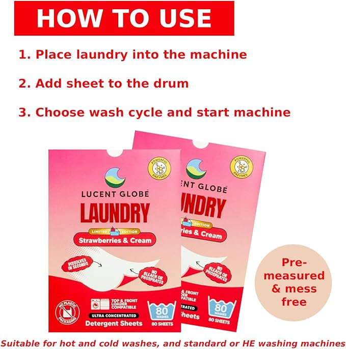 Lucent Globe Laundry Detergent Sheets. Pre-Measured Laundry Sheets. Powerful Stain Removal. Works in All Clothes Washers. (1 Pack - 80 Washes, Strawberries & Cream)