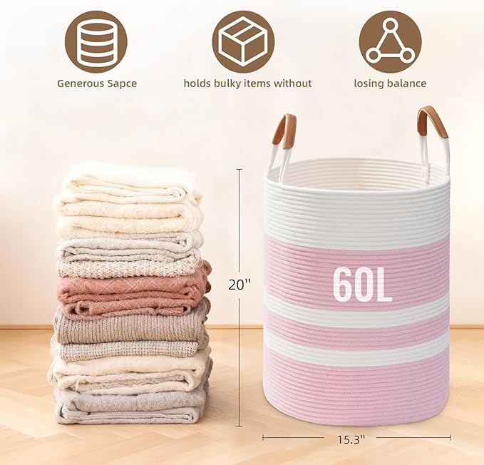 60L Striped Laundry Basket, Pink Laundry Hamper with Leather Handles, Woven Cotton Rope Storage Bin for Blankets, Nursery Hamper for Clothes, Toys In Bathroom, Livingroom, Bedroom