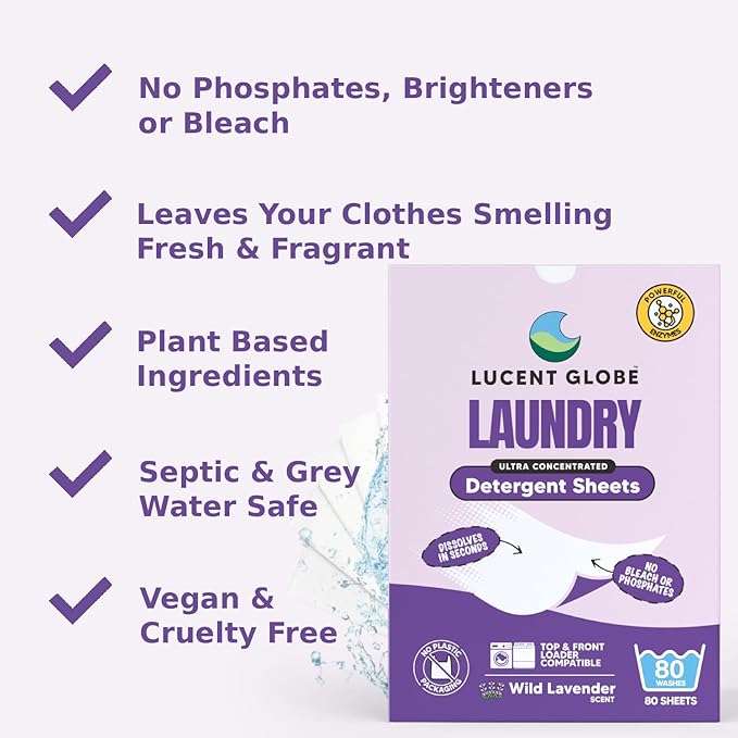 Lucent Globe Laundry Detergent Sheets. Pre-Measured Laundry Sheets. Powerful Stain Removal. Works in All Clothes Washers. World's Best Smelling Laundry Detergent. (1 Pack - 80 Washes, Lavender)