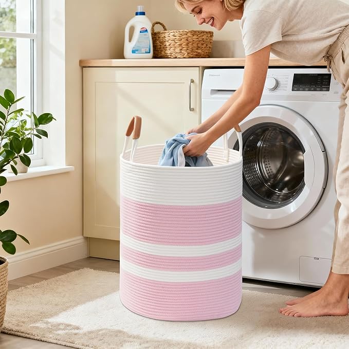 60L Striped Laundry Basket, Pink Laundry Hamper with Leather Handles, Woven Cotton Rope Storage Bin for Blankets, Nursery Hamper for Clothes, Toys In Bathroom, Livingroom, Bedroom
