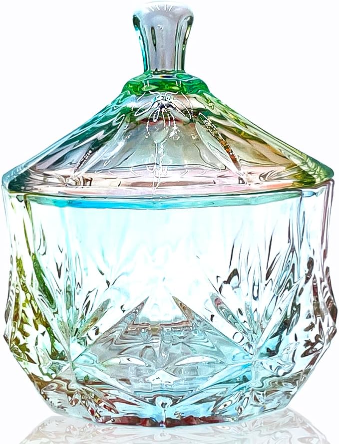 8oz Glass Candy Dish with Lid,Christmas Decorative Storage Jar for Candy,Bath Salt,Paper Clips,Office,Bathroom,Dining Room Organizer(Colorful)