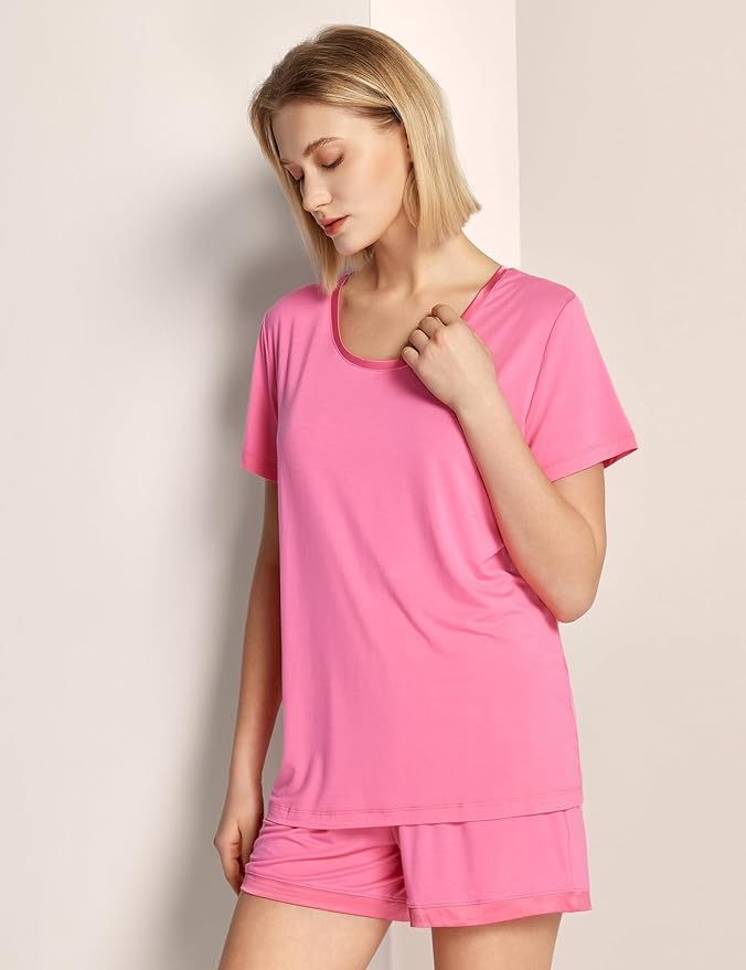 GYS Womens Pajama Sets, Short Sleeve Soft Sleepwear Tops and Shorts Pjs, Bamboo Viscose Loungewear