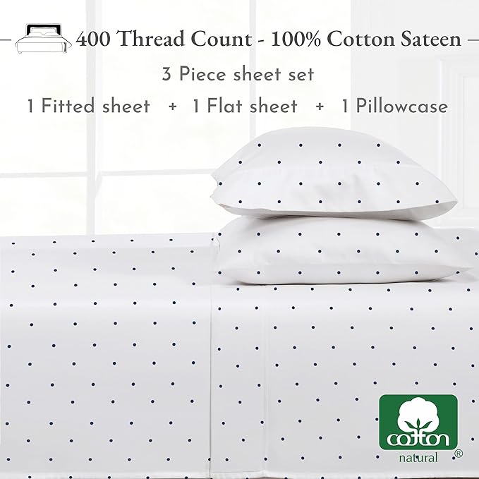 California Design Den Printed Twin XL Sheet Sets - 400 Thread Count Sateen, Natural 100% Cotton Sheets, Deep Pockets, and Durable Bedding Set - Polka Dot