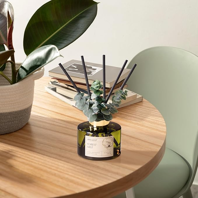 Airkeep Reed Diffuser Set with 6.76 fl oz Forest Mist Scent Essential Oils and 3 Leaves & 8 Diffuser Sticks,Bathroom Shelf Decor & Air Freshener, House Bedroom Office Decor & Gifts