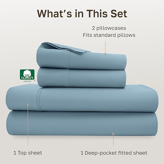 California Design Den Full Size Bed Sheets Set - Soft 400 Thread Count Sateen, Natural 100% Cotton Sheets with Deep Pockets, Breathable, and Durable Bedding Set - Sky Blue