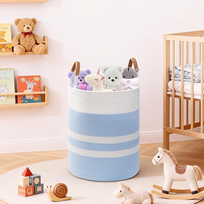 60L Striped Laundry Basket, Blue Laundry Hamper with Leather Handles, Woven Cotton Rope Storage Bin for Blankets, Nursery Hamper for Clothes, Toys In Bathroom, Livingroom, Bedroom