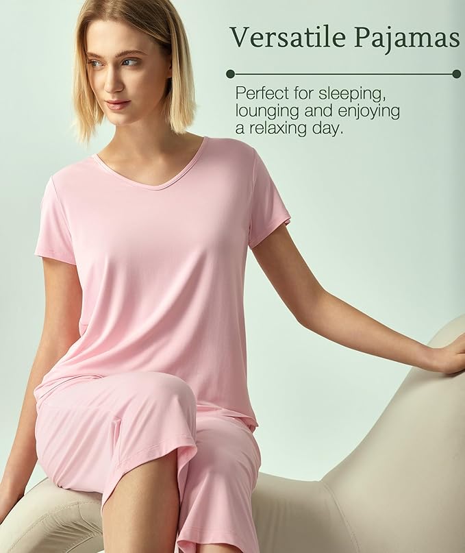 GYS Bamboo Viscose Women Pajama Sets Short Sleeve Top and Capri Pants 2 Piece Casual Lounge Sets