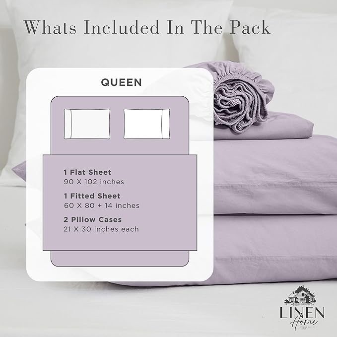 Linen Home Washed Cotton Percale Queen Sheet Set, Iris Lilac, Preshrunk, 4 Pieces Sets - 1 Flat, 1 Deep Pocket Fitted Sheet & 2 Envelope Closure Pillowcases, Soft, Cool and Comfortable Bed Linen
