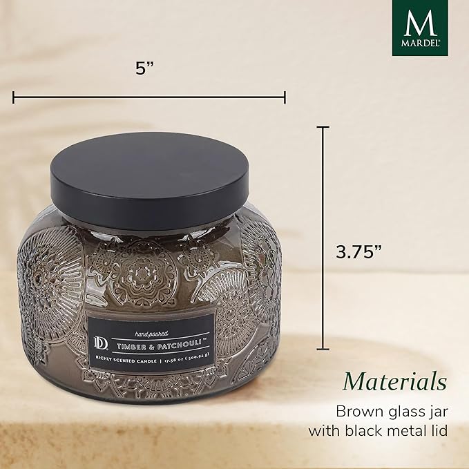 Timber & Patchouli Embossed Candle Jar (18 oz) - Refreshing Aroma of Bergamot, Mandarin Orange, and Patchouli - Large Dual Wick Glass Jar Candle