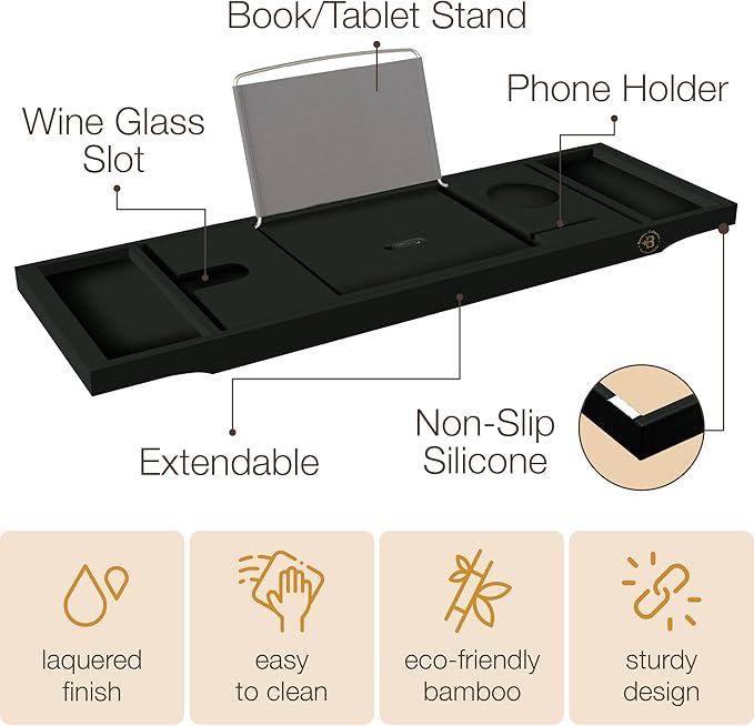 Wooden Bathtub Tray - Foldable & Expandable Bamboo Bath Tray for Tub with Wine Holder, Book & Tablet Stand - Bath Caddy Tray for Bathtub, Spa Bath Accessories, Tub Tray Table, (Black)