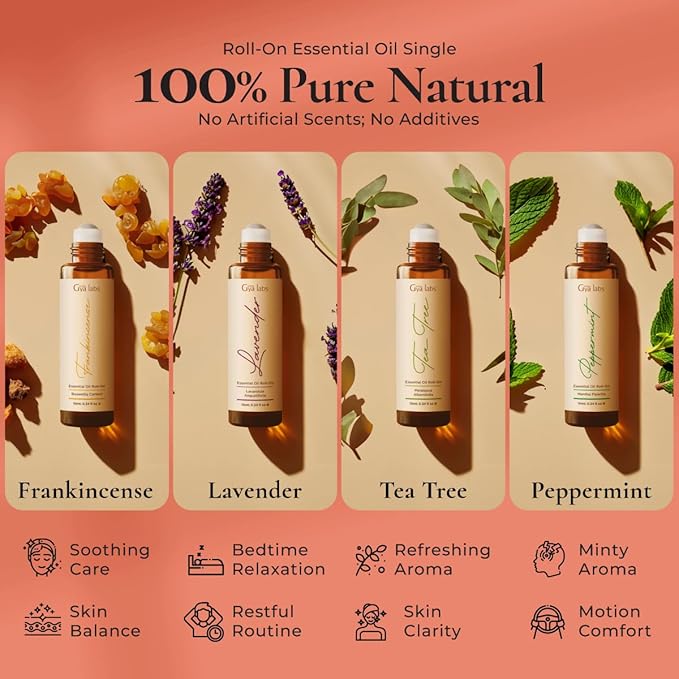 Gya Labs Classic Roll on Essential Oil Set - Relaxing Gifts for Women - Essential Oil Gift Set Frankincense, Peppermint, Lavender, Tea Tree Oil Rollers for Skin & Body Comfort (0.34 Fl Oz Each)