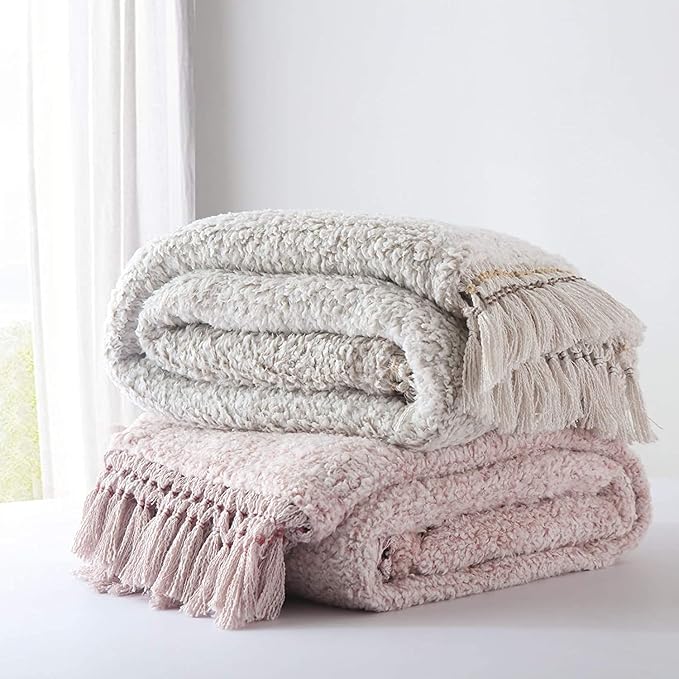 Ultra Soft Fleece Sherpa Blanket Queen Size,Lightweight Cozy Boho Bed Blanket with Decorative Tassel, Pattern Reversible, 2 Tones Ombre Dusty Pink, 90”x90”