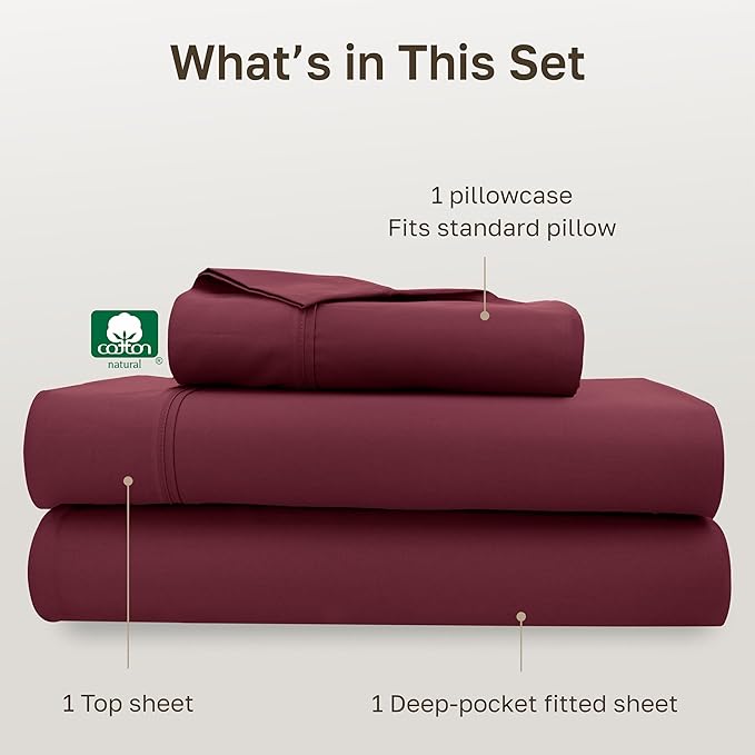 California Design Den Twin Sheets Set - Soft 400 Thread Count Sateen, Natural 100% Cotton Sheets with Deep Pockets, and Durable Bedding Set - Burgundy Red