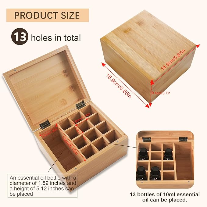 Pure Vie Wooden Essential Oil Storage Box Travel Organizer Case with Bottle Cap Label - Aromatherapy Nail Polish Fragrance Container, Holds 13 Bottle for 5-30ml - Keep Scented Oil Safe & Space Saver