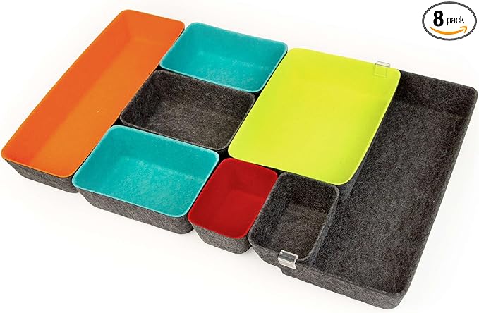 Three by Three Seattle Felt·Like·It! Felt Bins for Office, Crafts, Classroom, Living Room, Bedroom: Includes Expandable Sliding Bin for Custom Fit, Multicolor, Set of 8