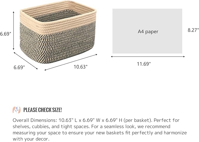 Small Cotton Rope Basket – Storage Bin for Organizing (10.6" x 6.7" x 6.7"), Bathroom Storage Basket for Shelf, Counter & Closet（Camel & Mixed Black）
