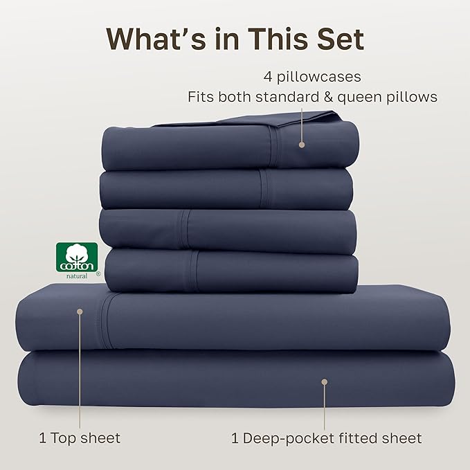 California Design Den 6-Pc Queen Size Sheet Set with 4 Pillowcases - 400 Thread Count 100% Cotton Sheets, Sateen Weave, Deep Pocket Bedsheets Set - Indigo Dusty Blue