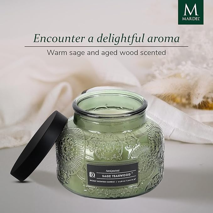 Sage Teakwood Embossed Candle Jar (18 oz) - Refreshing Aroma of Warm sage and Aged Wood - Large Dual Wick Glass Jar Candle for Relaxing - Sage Teakwood Essence Candle Gift for Women