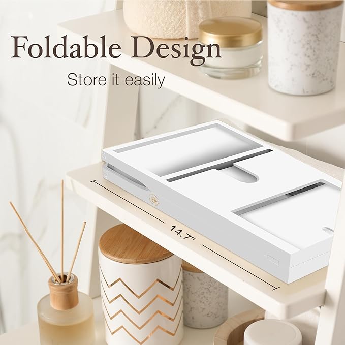 Wooden Bathtub Tray - Foldable & Expandable Bamboo Bath Tray for Tub with Wine Holder, Book & Tablet Stand - Bath Caddy Tray for Bathtub, Spa Bath Accessories, Tub Tray Table, Gifts for Her (White)