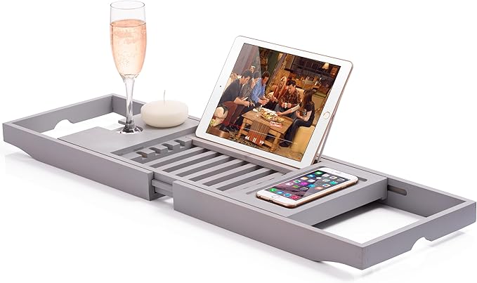 Bamboo Bathtub Caddy - Expandable Wood Tub Tray with Wine Holder, Book & Tablet Stand - Spa Accessories for Relaxation, Tub Shelf Table, Gift Idea for Her & Him (Gray)