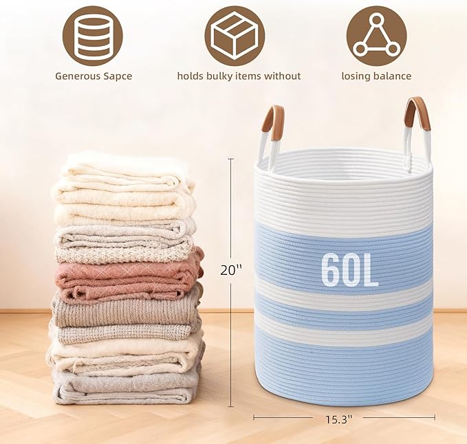 60L Striped Laundry Basket, Blue Laundry Hamper with Leather Handles, Woven Cotton Rope Storage Bin for Blankets, Nursery Hamper for Clothes, Toys In Bathroom, Livingroom, Bedroom