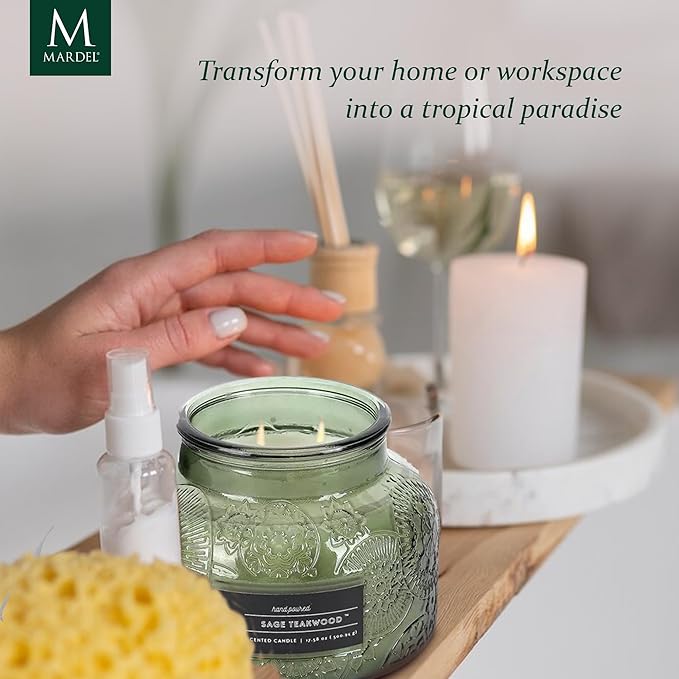 Sage Teakwood Embossed Candle Jar (18 oz) - Refreshing Aroma of Warm sage and Aged Wood - Large Dual Wick Glass Jar Candle for Relaxing - Sage Teakwood Essence Candle Gift for Women