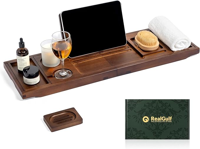Teak Bathtub Tray, Bath Caddy with Wine Glass Holder, Phone Dock & Book Stand | Hands-Free Reading & Ultimate Spa Relaxation Experience-Brown