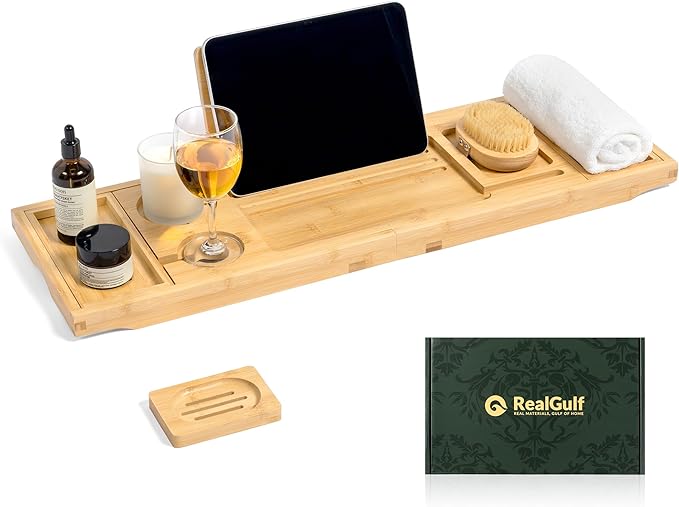 Bamboo Bathtub Tray, Bath Caddy with Wine Glass Holder, Phone Dock & Book Stand | Hands-Free Reading & Ultimate Spa Relaxation Experience-Natural